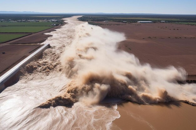 Foto foto de um desastre natural com águas de inundação violando o sistema levee