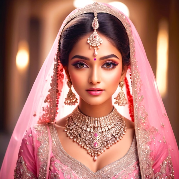 Foto em close-up de uma noiva de lehenga rosa e dourada