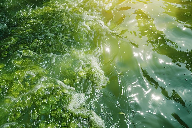 Foto foto in hoher auflösung von grünen algen, die im wasser fließen, helle farben mit sonnenlichtreflektionen in der luft