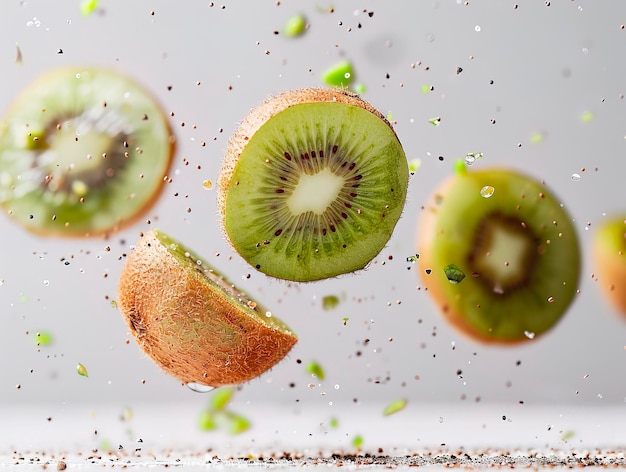 Foto fotografia de kiwi caindo do céu esquema de cores hyperpop fundo branco brilhante frutas de kiwi levitando em um fundo branco