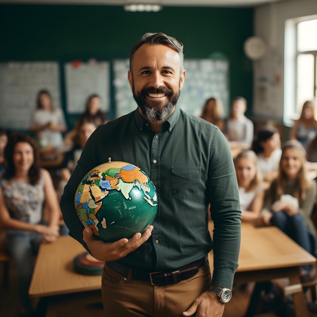 Fotolehrer mit Erdkugel in der Klasse mit Schülern Lehrertagskonzept generative KI