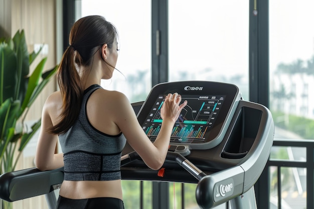 Foto frau arbeitet auf einem laufband mit einem modernen digitalen display