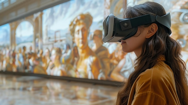 Foto frau erforscht berühmte museumskunst durch ein virtual-reality-headset