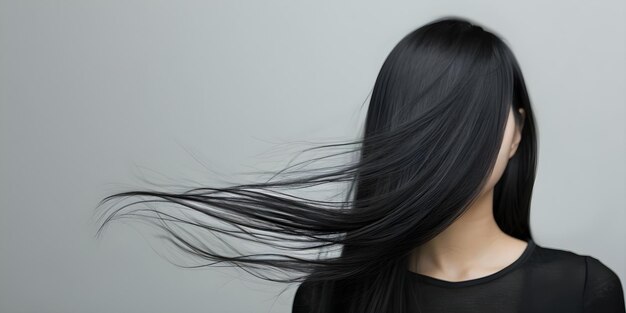 Foto frau mit langen schwarzen haaren im wind gegen einen grauen hintergrund konzept modefotografie lange haare windige fotoshoot schwarzes haar neutraler hintergrund