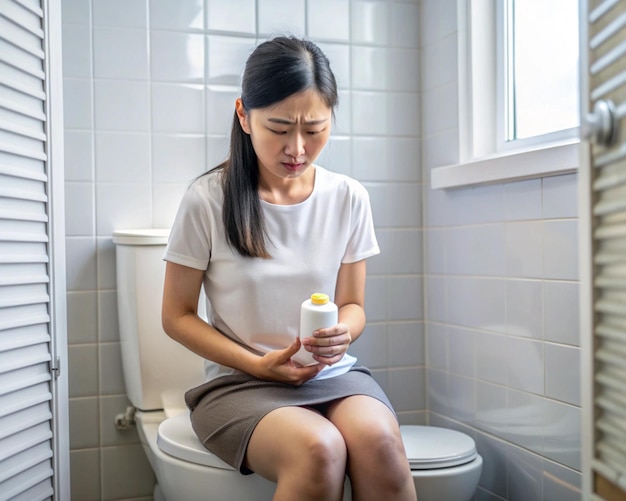 Foto frau sitzt in der toilette und hält eine medizinflasche für magenprobleme