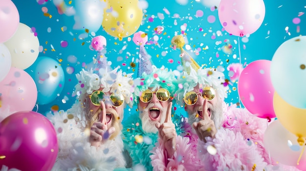 Foto freudige freunde, gekleidet in lebhafte, flauschige kostüme und hüte, feiern begeistert auf einer lebhaften party, umgeben von bunten ballons und konfetti