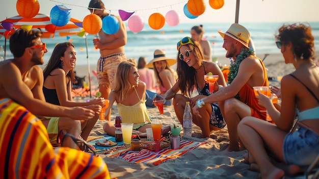 Foto freunde veranstalten eine strandparty mit bunten getränken und dekorationen