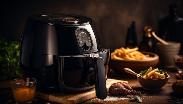 Frischer Kaffee und Brot auf rustikalem Tisch, generiert von KI