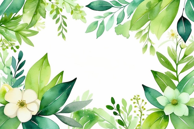 Foto fundo floral de primavera em verde com ilustração de aquarela de folhas