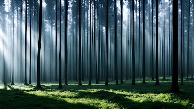 Foto geheimnisvoller wald mit langen, dünnen bäumen