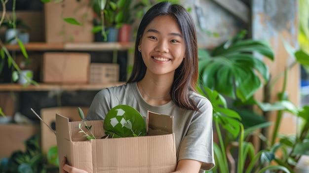 Foto gehen sie grün, verwenden sie umweltfreundliche verpackungsboxen im netto-null-abfall-laden asiatischer verkäufer einzelhandel home-office-laden kleiner kmu-besitzer junger erwachsener asien gen z menschen glücklich entspannen lächeln stolz arm kreuzen und schauen auf die kamera