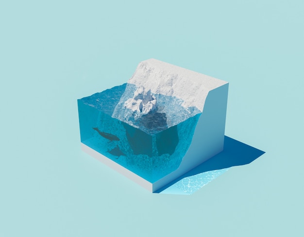 geleira isométrica com iceberg flutuante e mudança climática de baleia