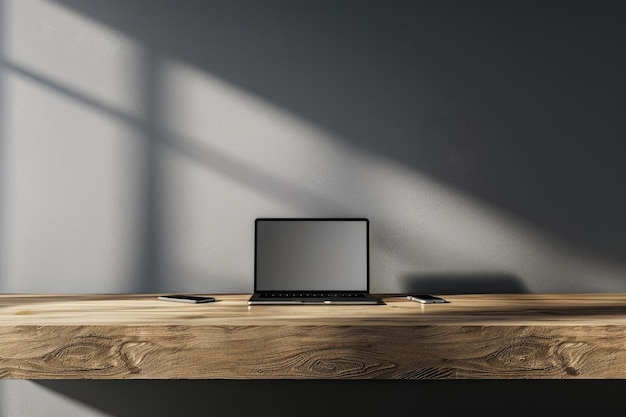 Foto geschäftsschreibtisch mit laptop und telefon bürotisch an einer grauen wand mit kopierplatz