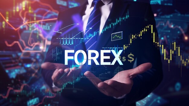 Foto geschäftssitzungsleiter zeigt die forex-politik des unternehmens in der forex-text-hologramm-sitzung