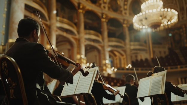 Foto geschickte musiker spielen mit großer konzentration und harmonie auf streichinstrumente vor der eleganten kulisse eines opulenten konzertsaals