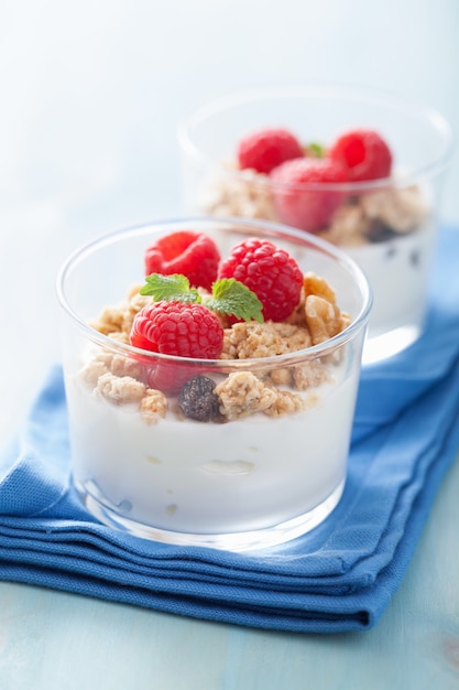 Gesundes Frühstück mit Joghurtmüsli und Himbeere