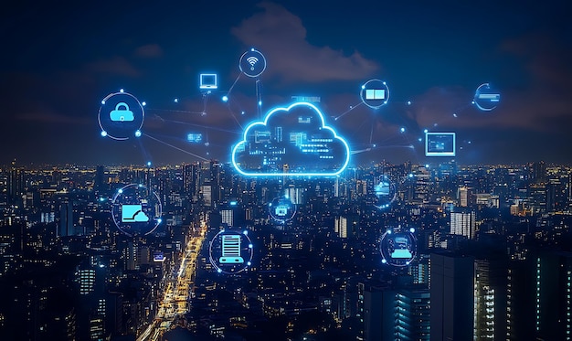 Foto globales datenspeicher-hologramm und backup-dateisynchronisierung und stadtansicht