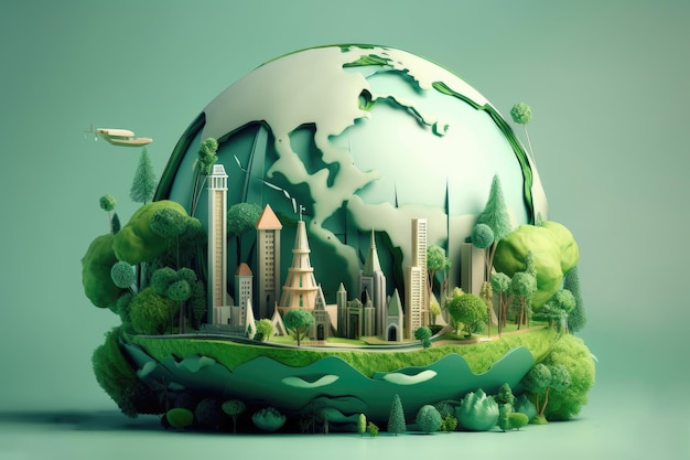 Globo com cidade e árvores verdes Eco amigável conceito de energia da terra