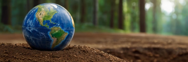 Foto globo de terra frágil no chão da floresta com samambaias e luz solar conceito do dia da terra