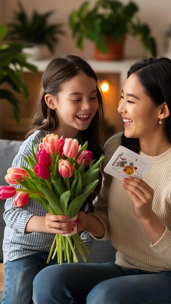 Foto glücklicher muttertag kind tochter gratuliert mütter und gibt ihr eine postkarte und blumen tulpen