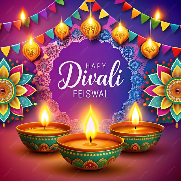 Foto glückliches diwali-festival der lichter farbenfrohe banner-vorlage-design mit dekorativer diya-lampe