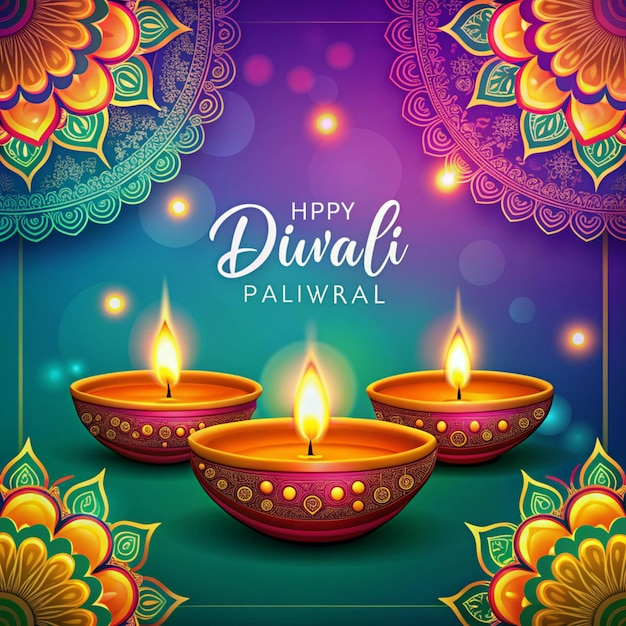 Foto glückliches diwali-festival der lichter farbenfrohe banner-vorlage-design mit dekorativer diya-lampe