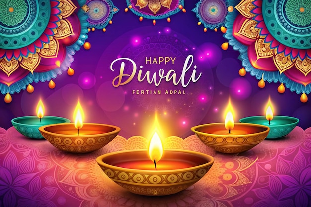 Foto glückliches diwali-festival der lichter farbenfrohe banner-vorlage-design mit dekorativer diya-lampe