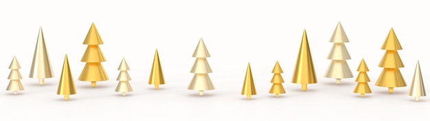 Goldene Weihnachtsbäume 3D-Rendering Abstrakter geometrischer Weihnachtswald in Metallkegelformen Neujahrsdekorationen goldene üppige Kiefern- und Tannenfeiertagsgestaltungselemente auf weißem Hintergrund