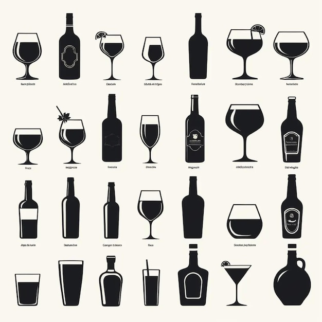 Foto großes set von alkoholflaschen und gläsern, silhouette von wein- und bierflaschen, vektorillustration