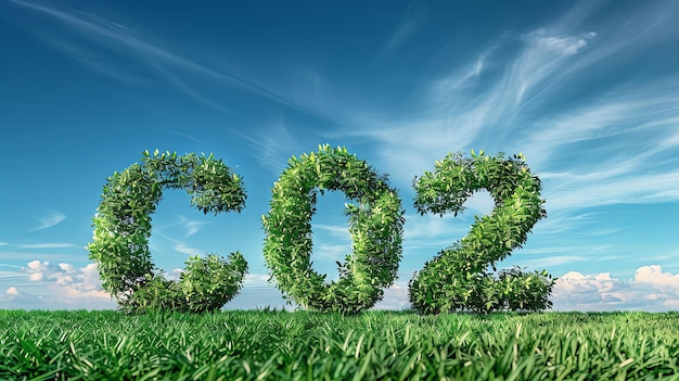 Foto grünes laub bildet die buchstaben co2 gegen einen blauen himmel mit weißen wolken