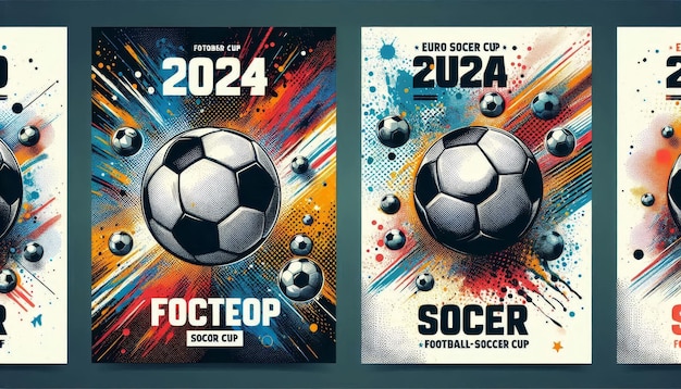 Foto grunge-fußball-banner für die euro-pokal 2024 mit halftone-fussball-design