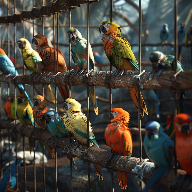 Foto há muitos pássaros coloridos sentados em uma percha de madeira generativa ai