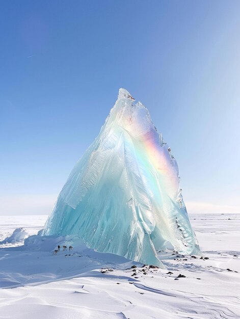 Foto há um grande iceberg com um arco-íris em cima dele.