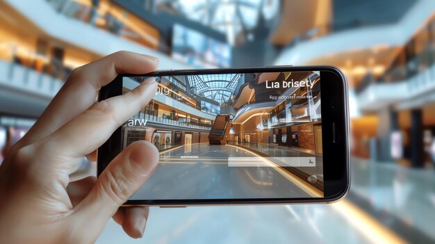 Foto hand hält ein smartphone mit einer virtuellen tour durch ein modernes einkaufszentrum auf dem bildschirm