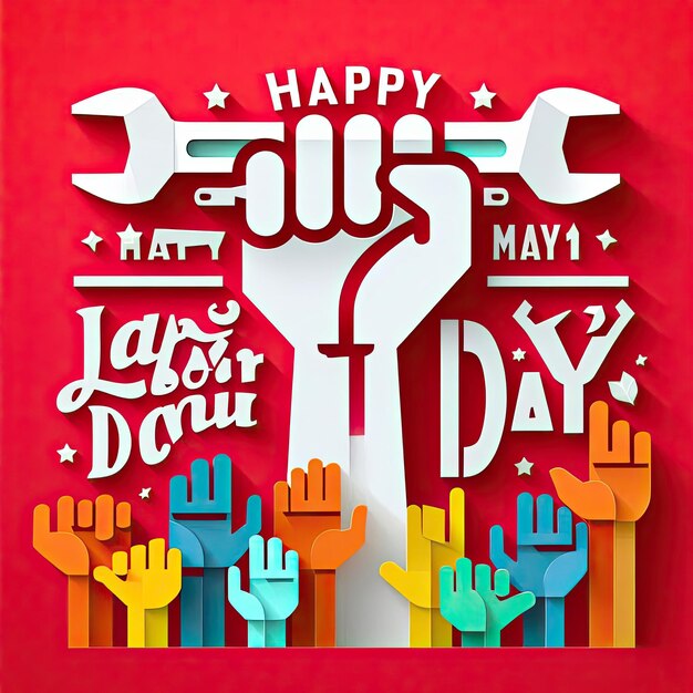 Foto happy labor day poster mit silhouetten von händen, die einen schraubenschlüssel in papier schneiden und im kopierraum 3d-render-illustration