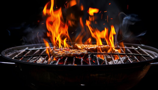 Foto heißer, leerer, tragbares grillgrill mit flammendem feuer und glühender holzkohle auf schwarzem hintergrund, der auf die platzierung ihres essens wartet.