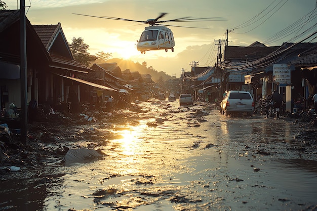 Foto helicóptero voando sobre uma rua inundada