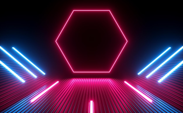 Hexagon Modern Cyber Electric Neon Ray Light Laser leuchtende Sci Fi futuristische Illustration Hintergründe 3D-Rendering