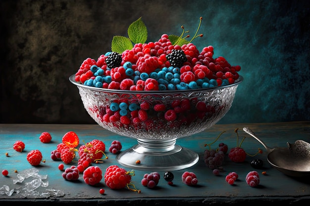 Himbeerkirschen und gefrorene Beeren in der Schüssel auf dem Tisch