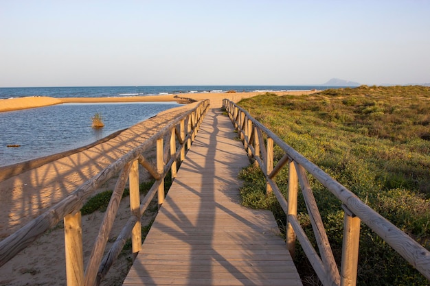 Holzweg zum Strand neben dem Fluss