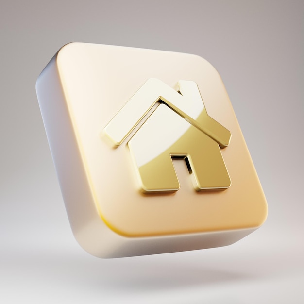 Home-Symbol. Goldenes Home-Symbol auf mattgoldener Platte. 3D-gerendertes Social Media-Symbol.