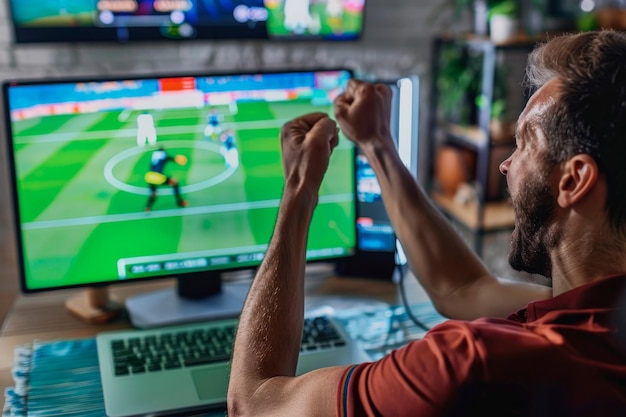 Foto homem celebra vitória enquanto participa em apostas on-line em uma partida de futebol