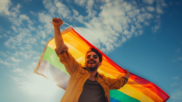 Foto homem com bandeira do arcoris no cu azul celebrao do orgulho lgbt