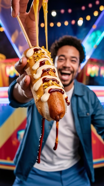 Homem de ângulo alto segurando cão de milho