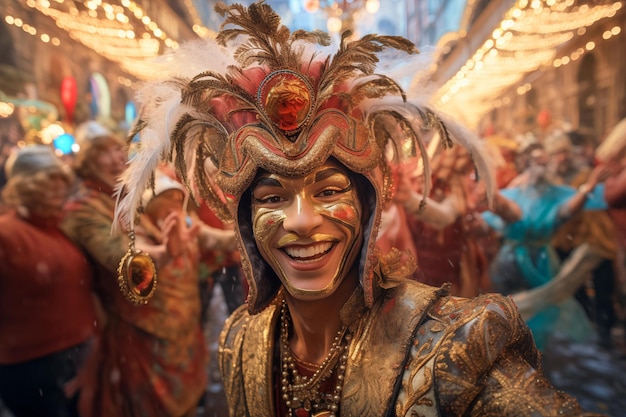 Homem no carnaval de Veneza vestido com traje de Veneza