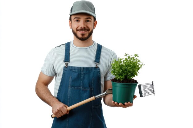 Foto homem sorridente de macacão segurando uma planta em vaso e uma ferramenta de jardinagem