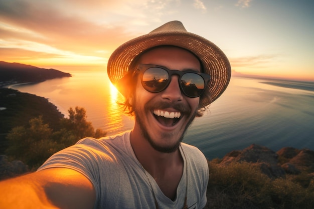 Homem sorridente feliz tirando uma selfie ao pôr do sol na praia usando óculos de sol