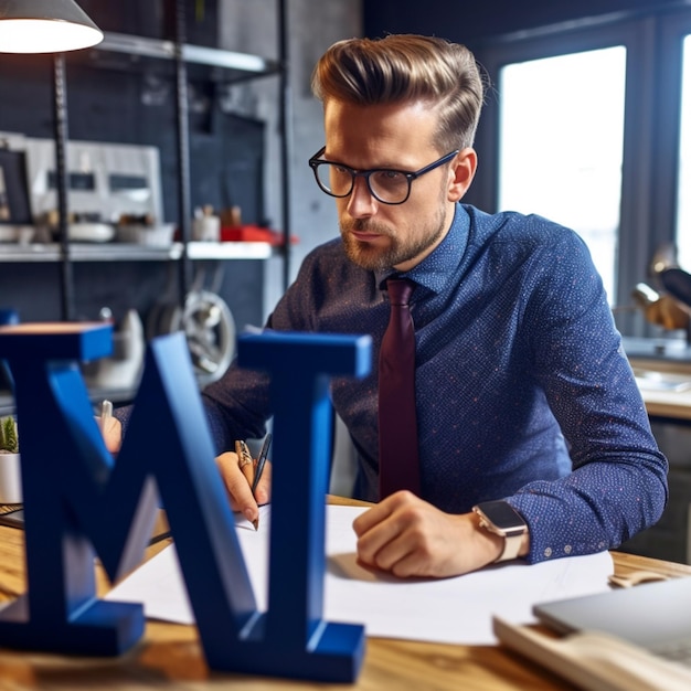 Homens de negócios bonitos usando óculos trabalhando na arte digital do escritório