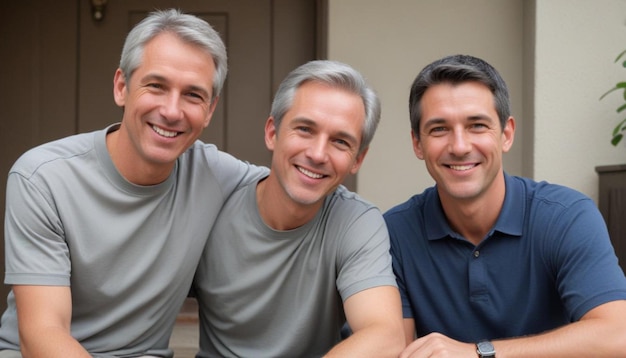 Foto homens sorrindo na frente de uma casa um deles está vestindo uma camisa azul