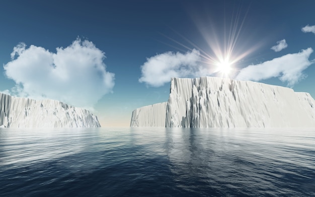 Icebergs 3D contra o céu azul com nuvens brancas macias